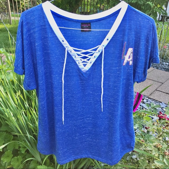 Material Girl Lace up V-neck “LA” Bling T-shirt - Picture 13 of 16